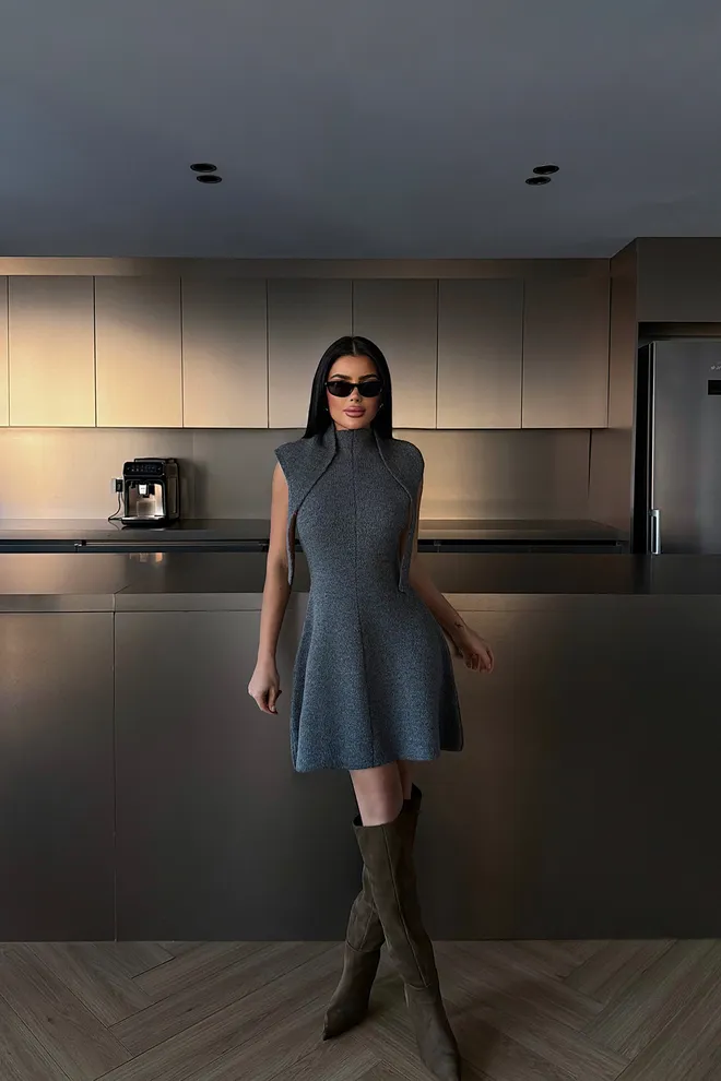 EYYO ATELIER Elegant Grey Fit And Flare Mini Dress Wholesale Clothing Casual