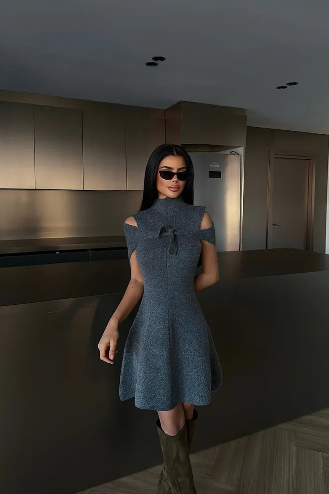 EYYO ATELIER Elegant Grey Fit And Flare Mini Dress Wholesale Clothing 1