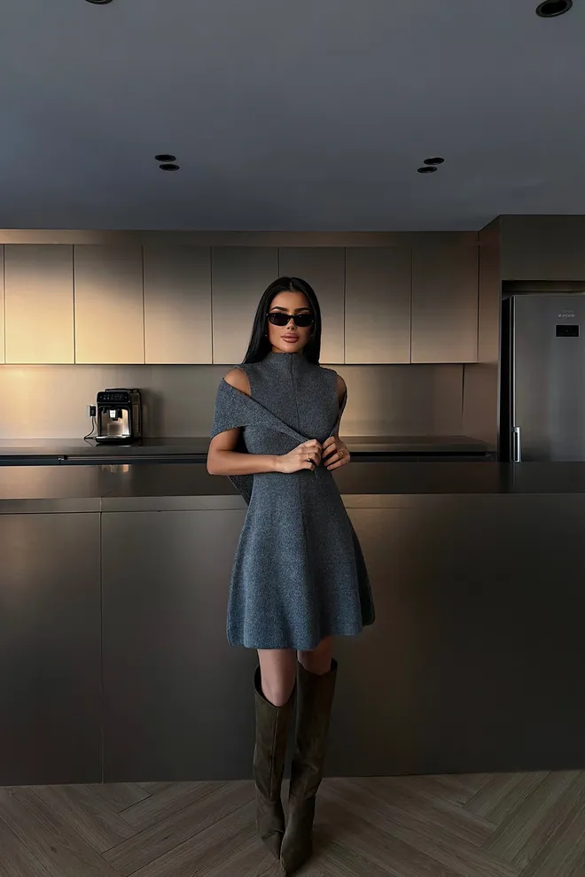 EYYO ATELIER Elegant Grey Fit And Flare Mini Dress Wholesale Clothing Work