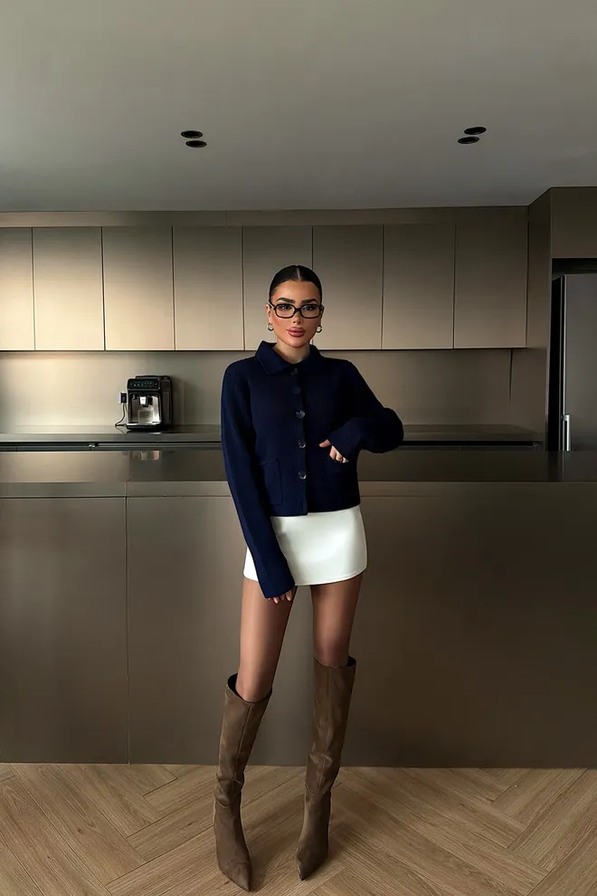 EYYO ATELIER Navy Blue Elegant Cardigan With Patch Pockets Wholesale Clothing Lounge