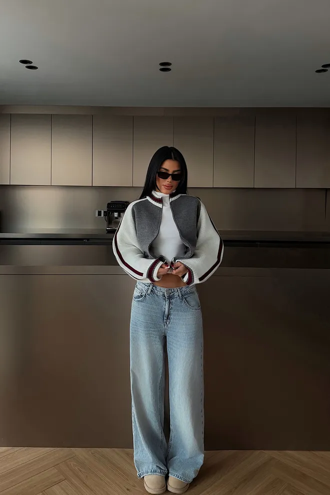 EYYO ATELIER Grey Casual Zip Up Ballon Sleeve Cropped Cardigan Wholesale Clothing 1