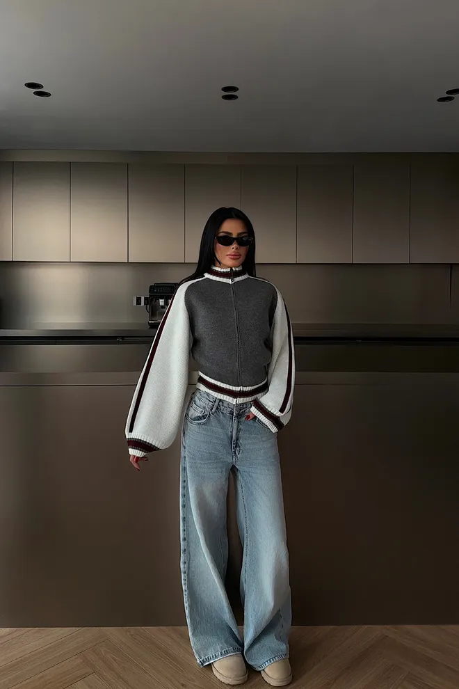 EYYO ATELIER Grey Casual Zip Up Ballon Sleeve Cropped Cardigan Wholesale Clothing Lounge