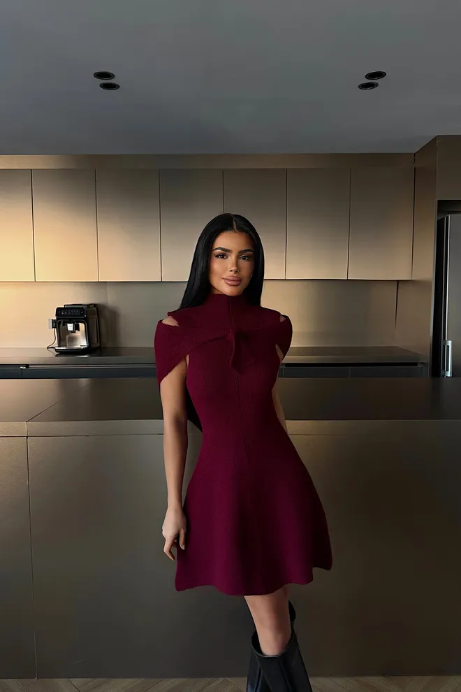 EYYO ATELIER Vestido Rojo Clarete Ajustado Y Acampanado Ropa al por mayor Casual