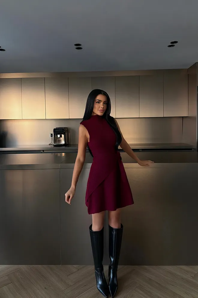 EYYO ATELIER Claret Red Fit And Flare Dress Wholesale Clothing 1