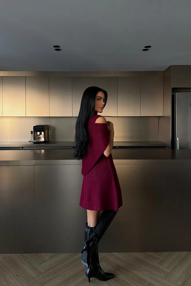 EYYO ATELIER Claret Red Fit And Flare Dress Wholesale Clothing Fall