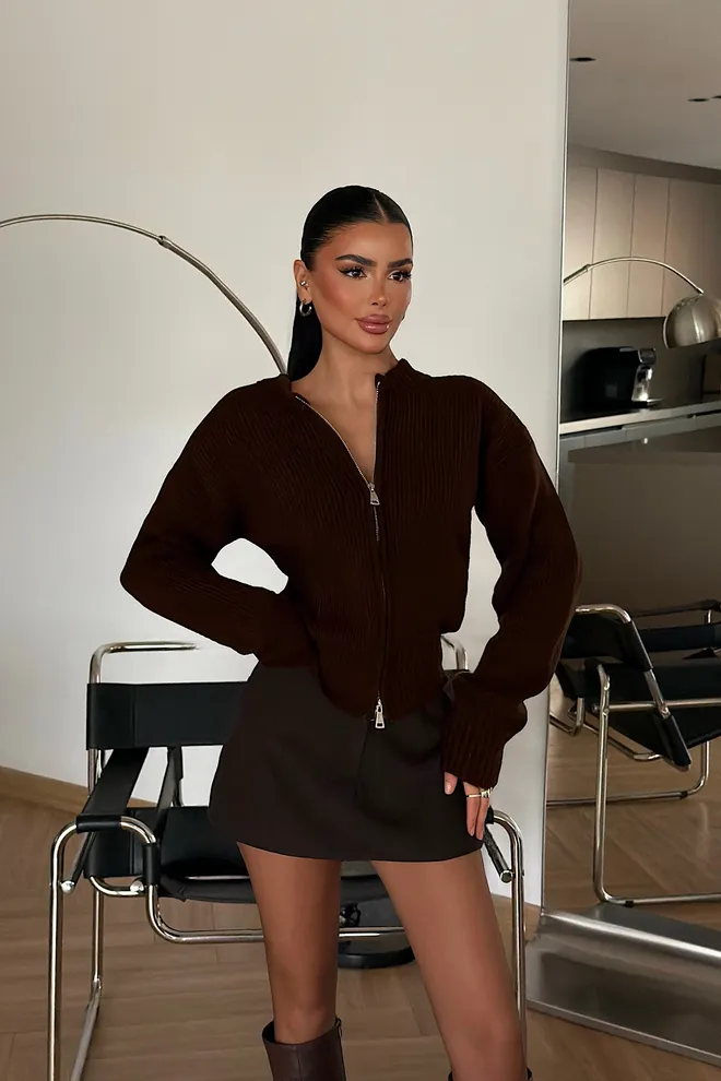 EYYO ATELIER Браон Слим Фит Кардиган Са Патентом Неформалан Велепродаја одеће Неформалан