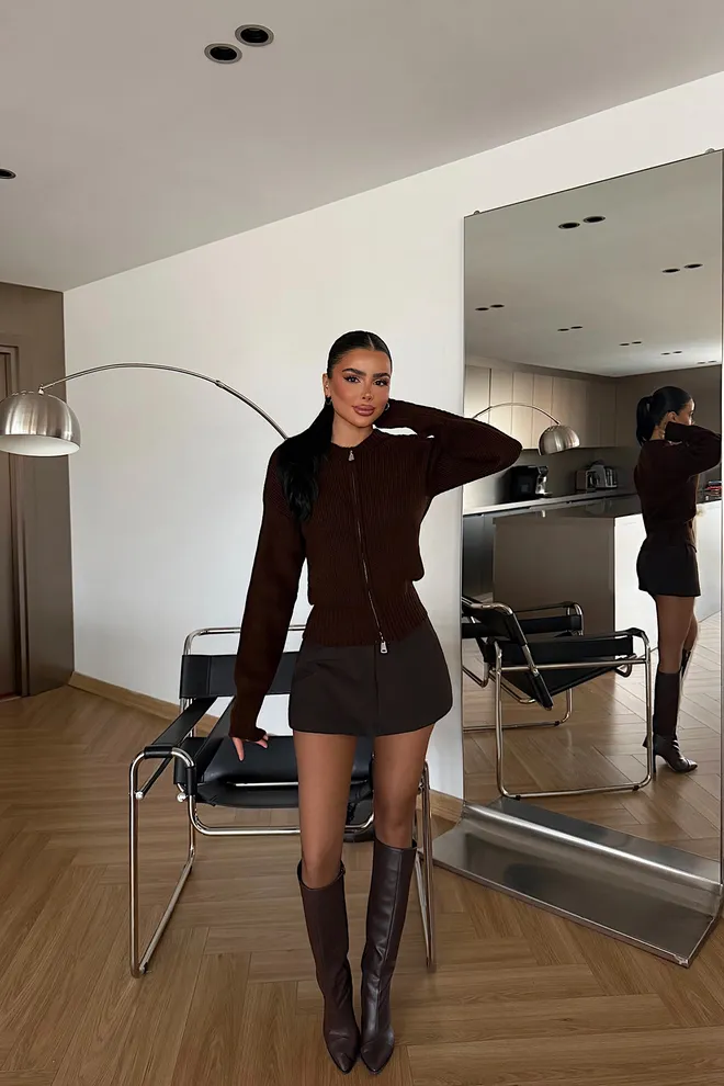 EYYO ATELIER Brown Slim Fit Casual Zip Up Cardigan Wholesale Clothing 1