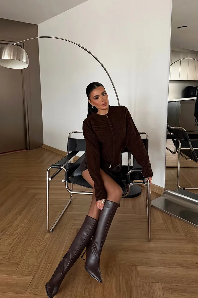 EYYO ATELIER Brown Slim Fit Casual Zip Up Cardigan Wholesale Clothing Lounge