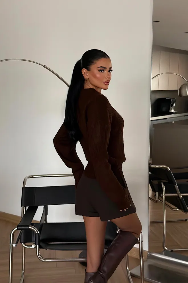 EYYO ATELIER Brown Slim Fit Casual Zip Up Cardigan Wholesale Clothing Fall