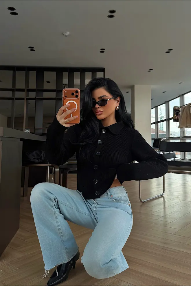 EYYO ATELIER Црни Неформалан Елегантан Кардиган Са Патцх Џепом Велепродаја одеће Неформалан