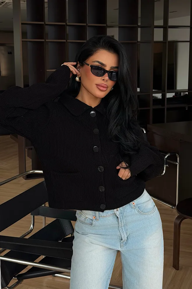 EYYO ATELIER Czarny Casual Elegancki Kardigan Z Naszywaną Kieszenią Hurtowa sprzedaż odzieży 1