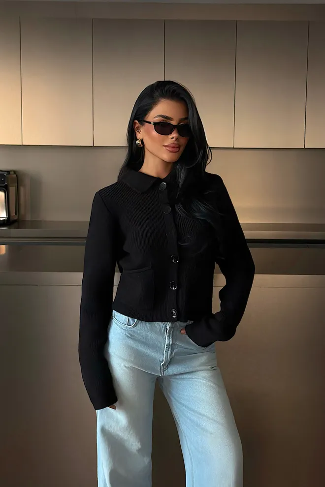 EYYO ATELIER Czarny Casual Elegancki Kardigan Z Naszywaną Kieszenią Hurtowa sprzedaż odzieży Odpoczynek