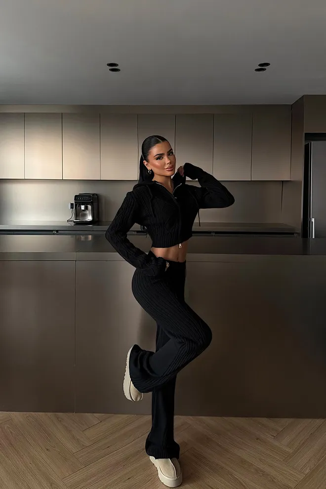 EYYO ATELIER Set Črna Argyle Ozki Kroj Zip Up Palazzo Oblačila na debelo Ležerno