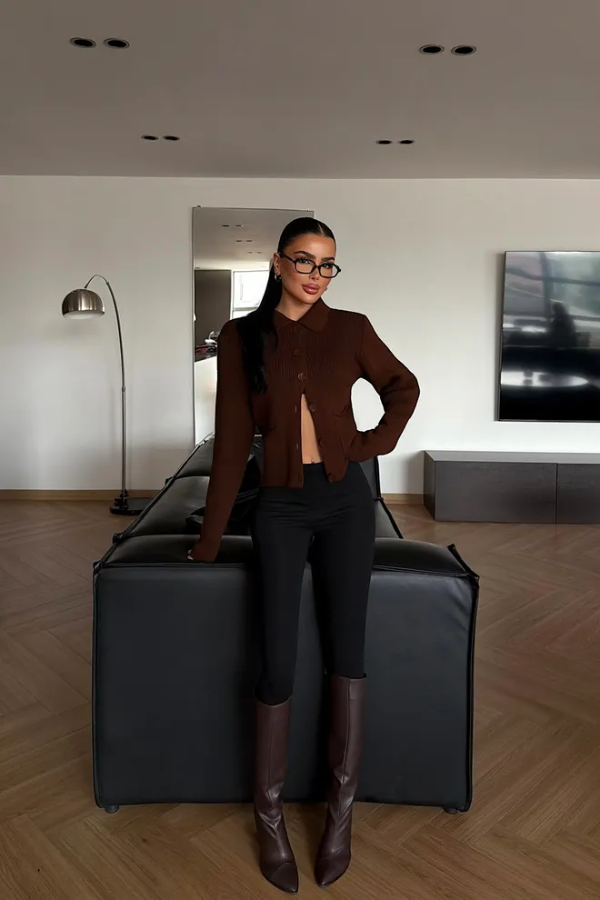 EYYO ATELIER Браон Кардиган Са Џепом Са Преклопом Рол крагна Велепродаја одеће Неформалан