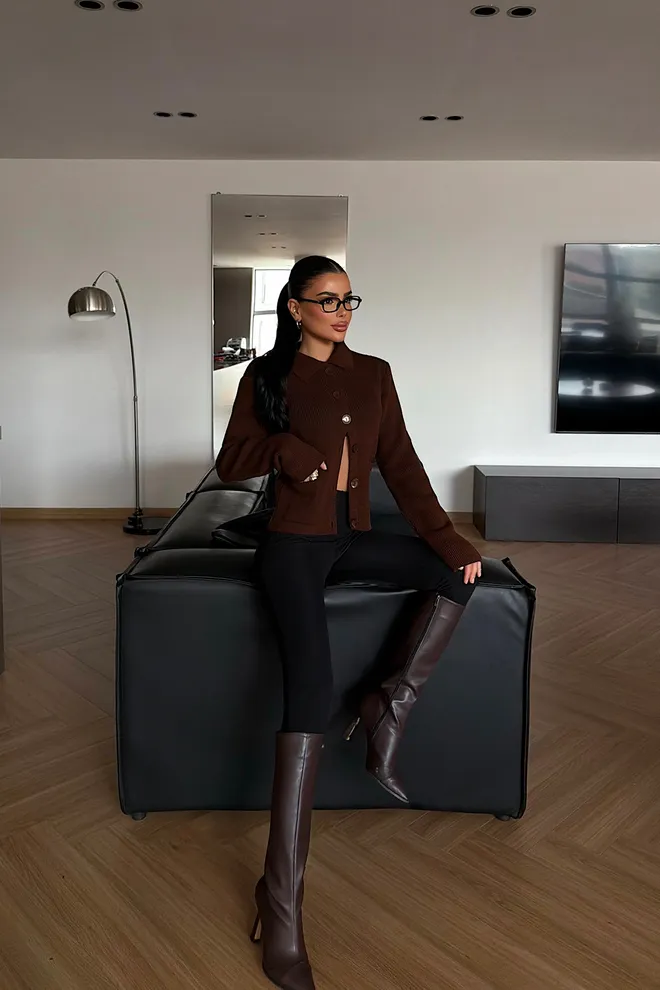 EYYO ATELIER Brown Cardigan With Flap Pockets Polo Neck Wholesale Clothing 1