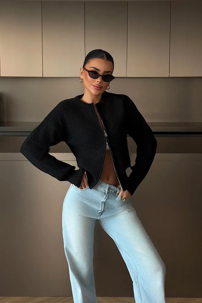 EYYO ATELIER Black Slim Fit Zip Up Cardigan Wholesale Clothing 1