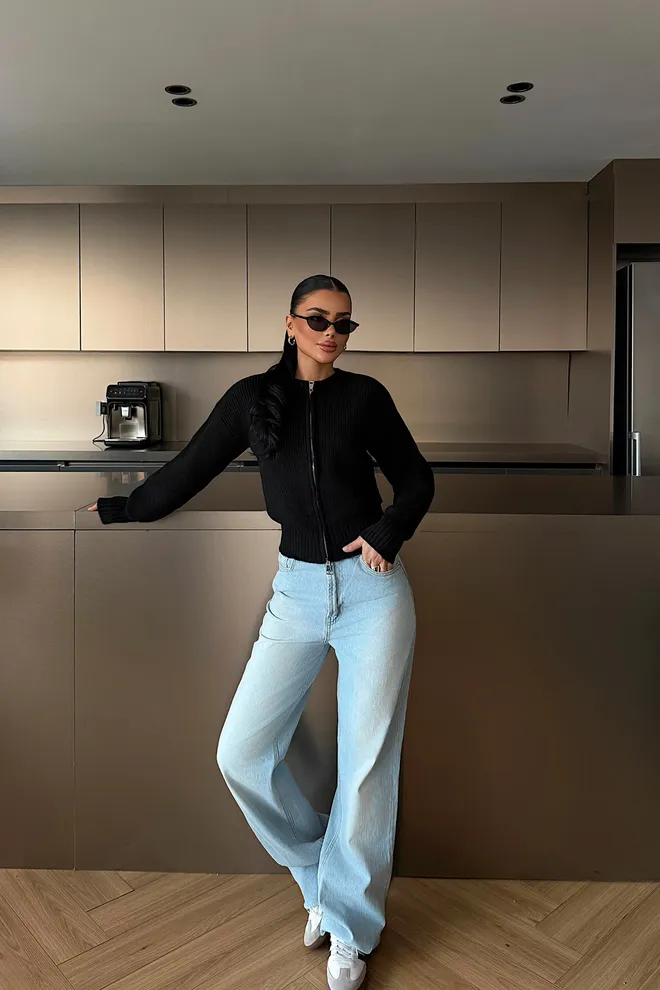 EYYO ATELIER Black Slim Fit Zip Up Cardigan Wholesale Clothing Lounge