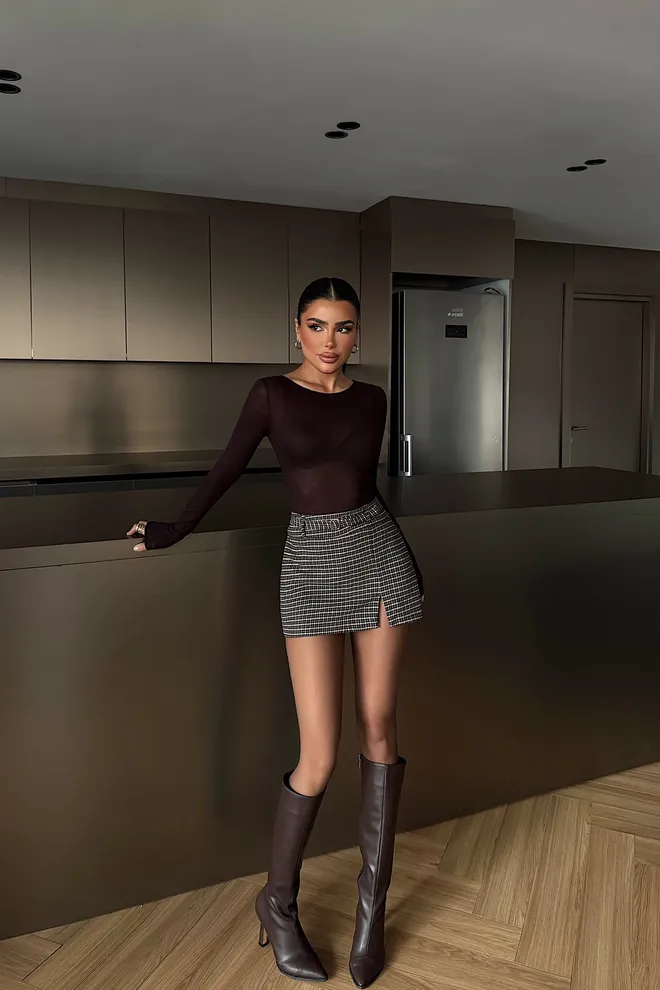 EYYO ATELIER Brown Slim Fit Blouse With Extra Long Sleeves Wholesale Clothing Work