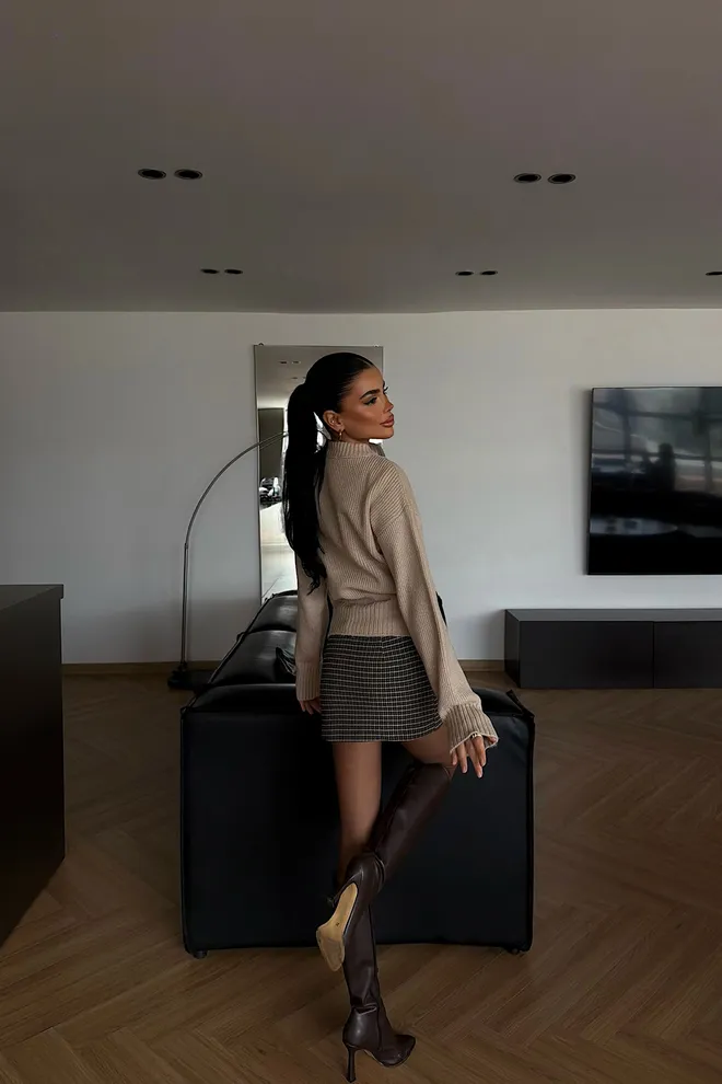 EYYO ATELIER Beige Cardigan Zip Up Slim Fit Round Neck Wholesale Clothing Fall