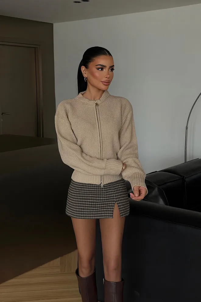 EYYO ATELIER Beige Cardigan Zip Up Slim Fit Round Neck Wholesale Clothing Work