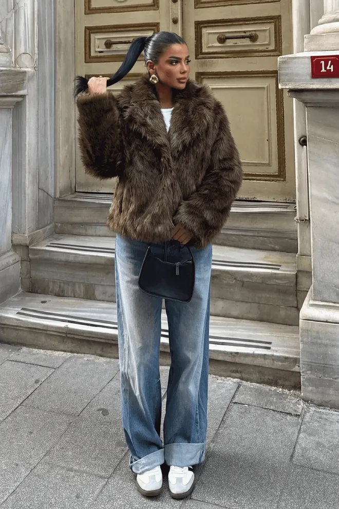 EYYO ATELIER Brown Rufina Fur Coat Toptan Giyim 0