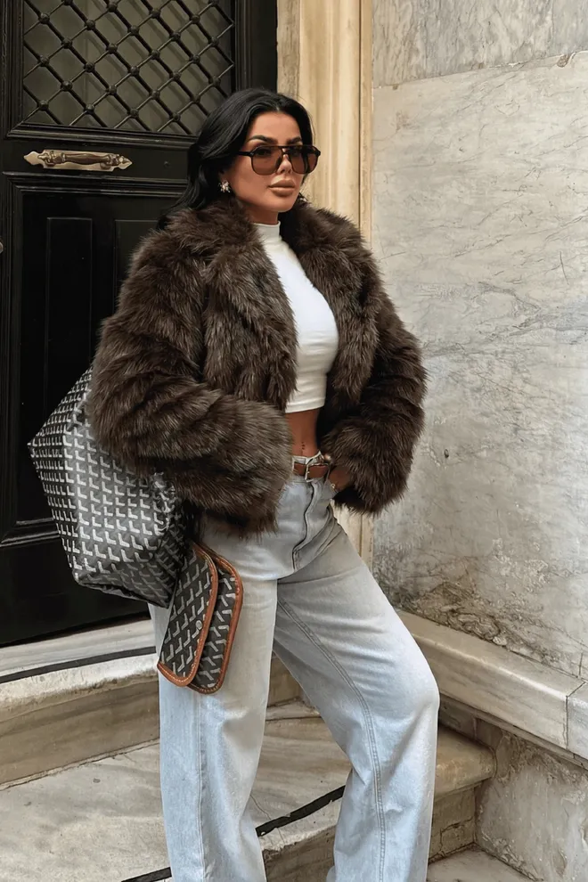 EYYO ATELIER Brown Fur Coat With Notched Collar Wholesale Clothing 1