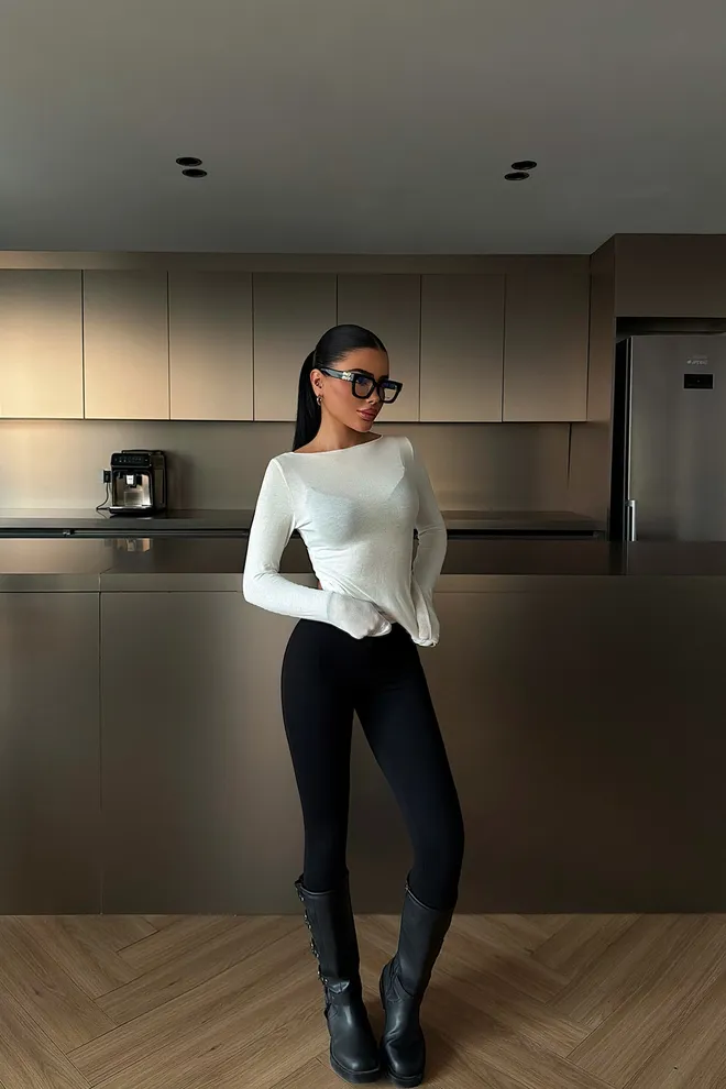 EYYO ATELIER White Slim Fit Boat Neck Blouse With Extra Long Sleeves Wholesale Clothing 1