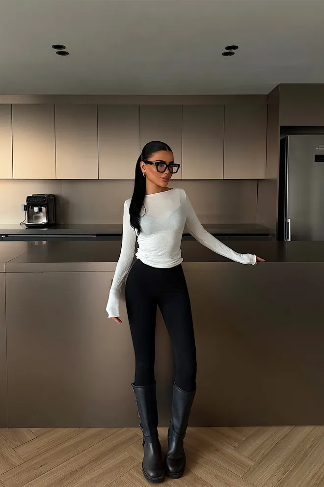 EYYO ATELIER White Slim Fit Boat Neck Blouse With Extra Long Sleeves Wholesale Clothing Work