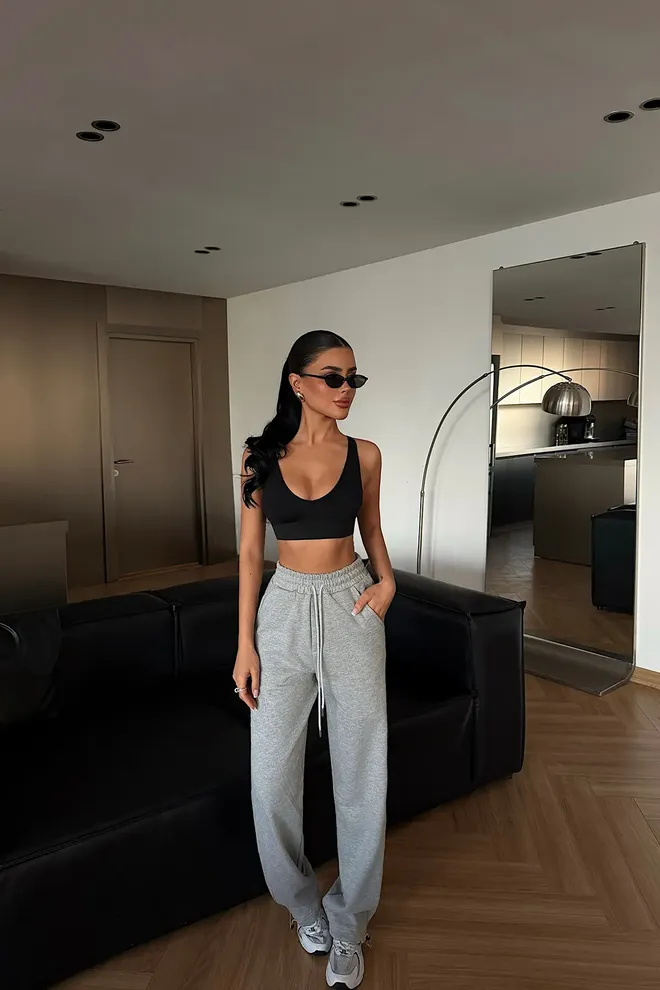 EYYO ATELIER Calças De Fato De Treino Cinzentas Jogger Com Cordão E Bolso Inclinado Roupas por atacado Casual