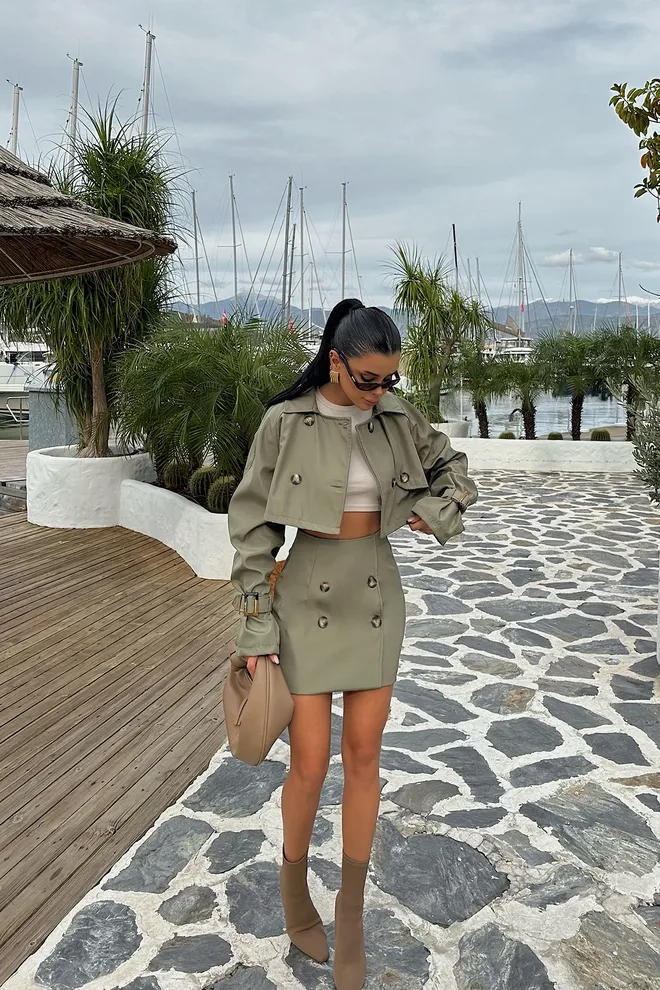 Ilia Coco Khaki Button Detail Skirt Set Wholesale Clothing Spring
