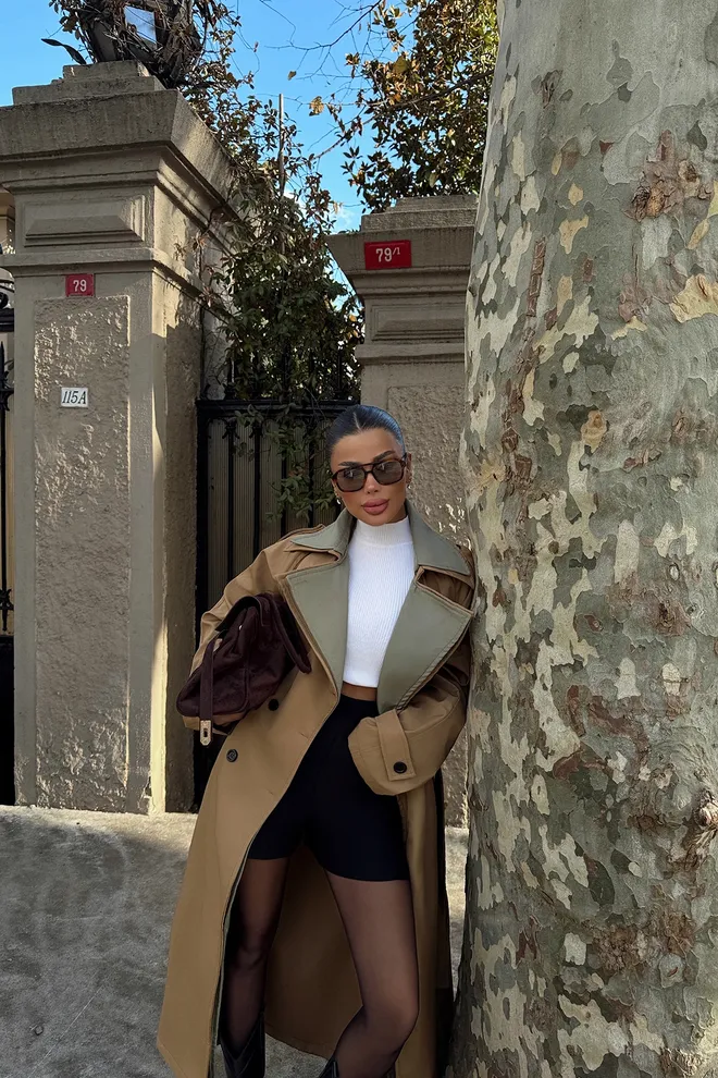 EYYO ATELIER Two Tone Collar Trench Coat Brown Wholesale Clothing Casual