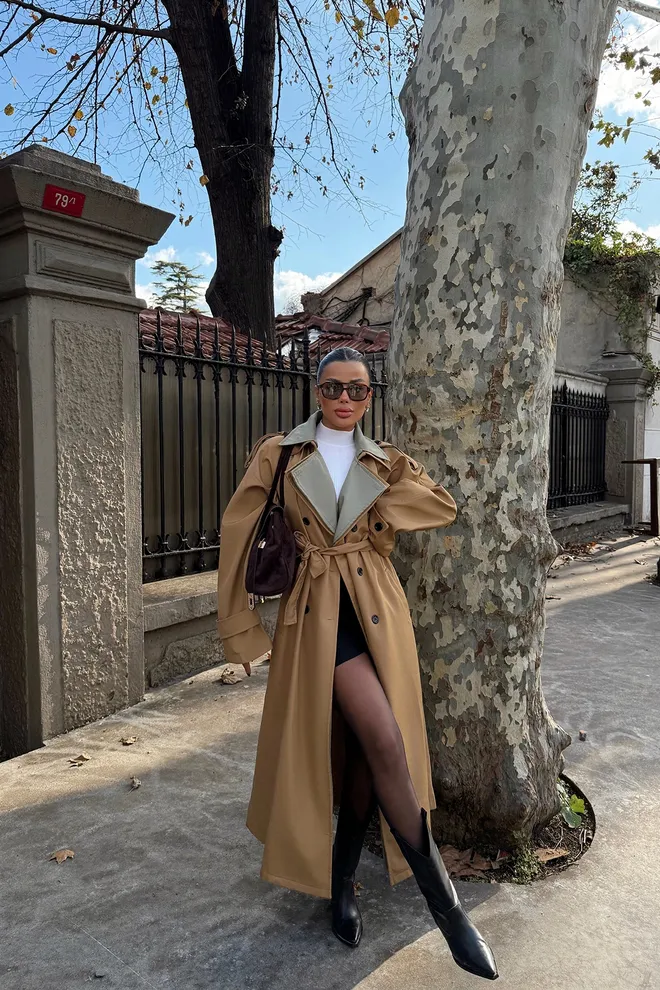 EYYO ATELIER Two Tone Collar Trench Coat Brown Wholesale Clothing 5