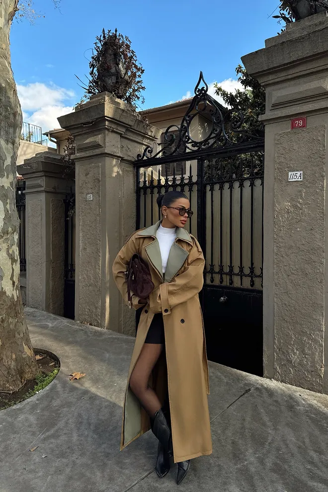 EYYO ATELIER Two Tone Collar Trench Coat Brown Wholesale Clothing 4