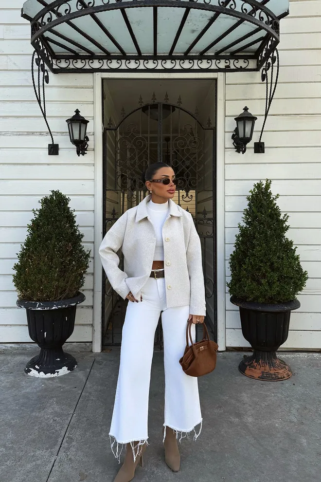 EYYO ATELIER Jakna Z Dvojnim Zapenjanjem In Ovratnikom Z Žepom – Krem Oblačila na debelo 2