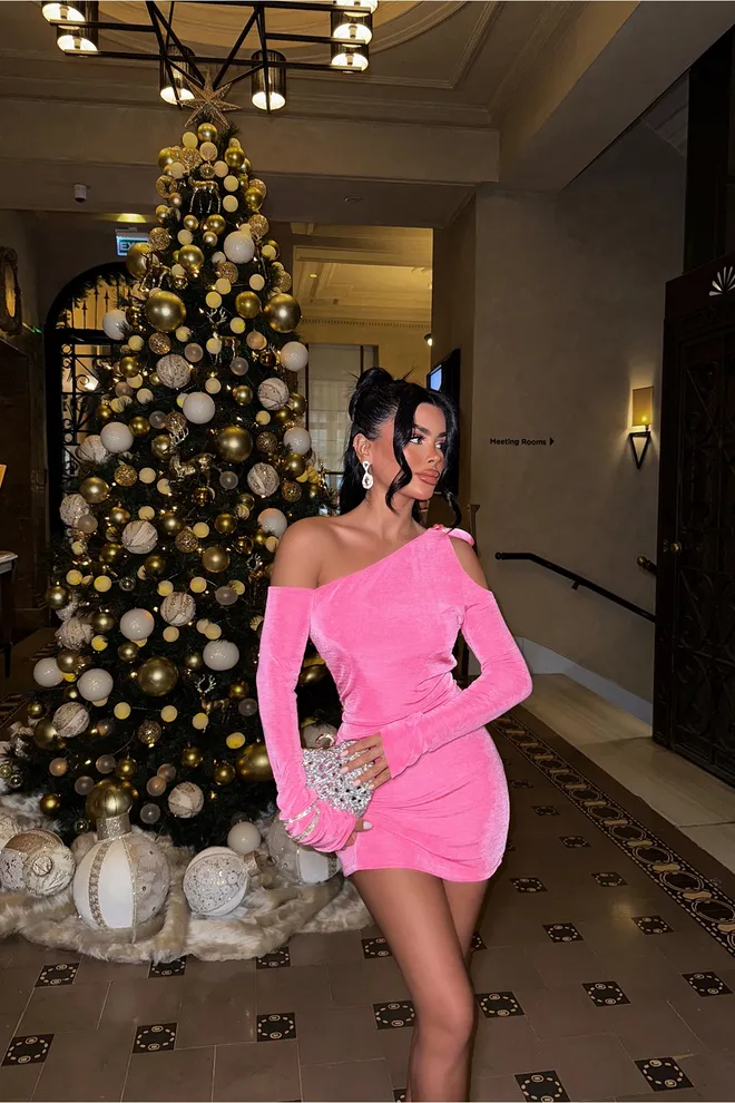 EYYO ATELIER Mini Obleka Z Enim Rokavom Roza Oblačila na debelo Valentinovo