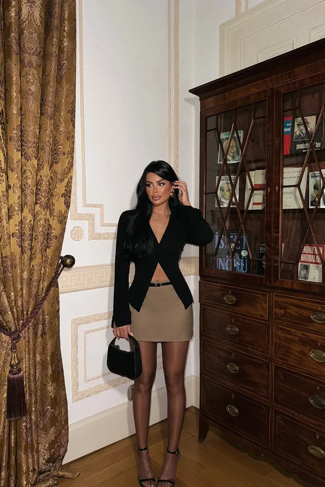 EYYO ATELIER Pocket Detail Belted Skirt Tan Wholesale Clothing Birthday