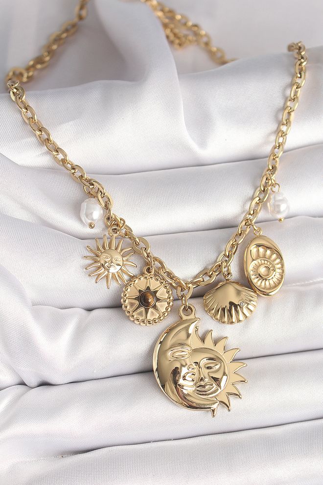 Ebijuteri 316L Steel Gold Color Moon Sun Figure Seashell Detail Women Necklace Wholesale Clothing 0