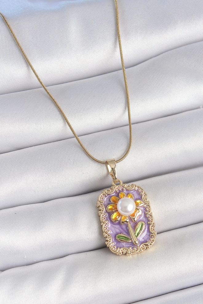 Ebijuteri Collana Da Donna In Acciaio 316l Color Oro Color Oro Con Perle Smaltate Viola Con Camomilla Ricamata Abbigliamento all'ingrosso 0