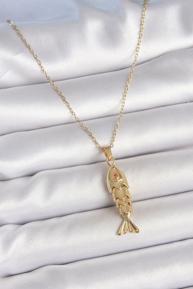 Ebijuteri 316l Steel Chain Gold Color Zircon Stone Fish Figure Necklace Wholesale Clothing 0