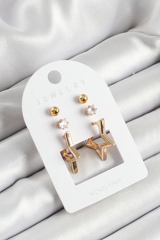 Ebijuteri Mesingani Cirkonski Kamen I Zlatna Boja Zvijezda 3 Kom. Komplet Ženskih Naušnica Veleprodaja odjeće 0