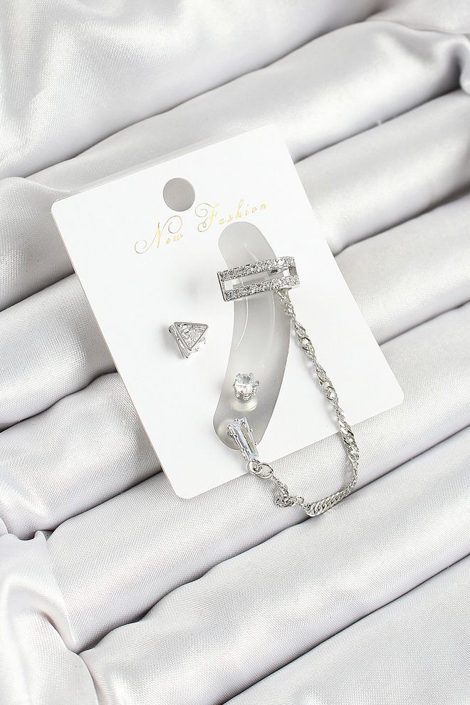 Ebijuteri Žalvario Trikampis Figūrinis Cirkonio Akmens Sidabro Spalvos 3 Dalių Kremzlės Moterų Auskarų Rinkinys Didmeninė prekyba drabužiais 0