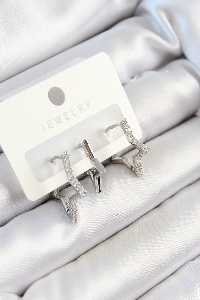 Ebijuteri Set Di 3 Orecchini Da Donna In Ottone Con Zirconi Modello A Stella Color Argento Abbigliamento all'ingrosso 0