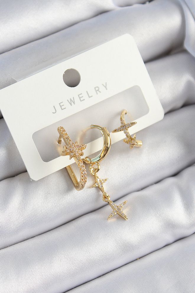 Ebijuteri Brass Zircon Stone Star Model Gold Color 3 Pcs Couple Women Earrings Set Wholesale Clothing 0