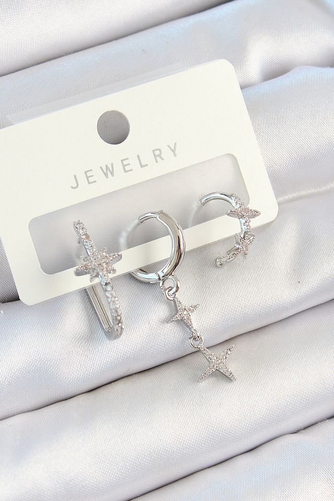 Ebijuteri Brass Zircon Stone Butterfly And Swinging Star Pattern Silver Color 3 Pcs Couple Women Earrings Set Wholesale Clothing 0