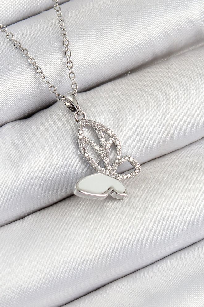 Ebijuteri 316l Çelik Zirkon Taşlı Kelebek Model Gümüş Renk Kadın Kolye Toptan Giyim 0