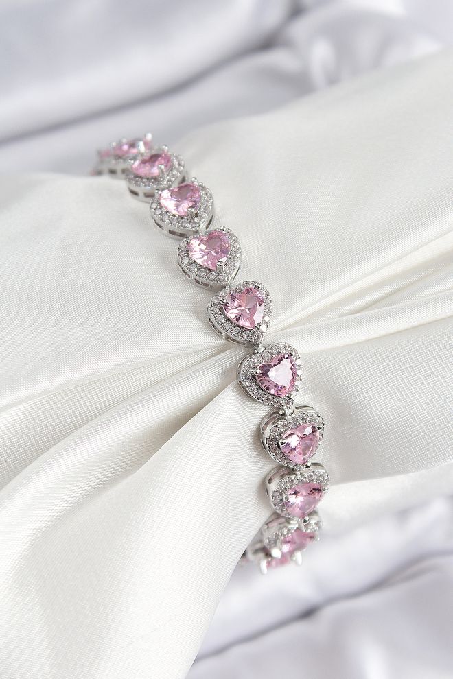 Ebijuteri Brass Zircon Stone Pink Heart Baguette Model Silver Color Viping Series Women's Bracelet Wholesale Clothing 0