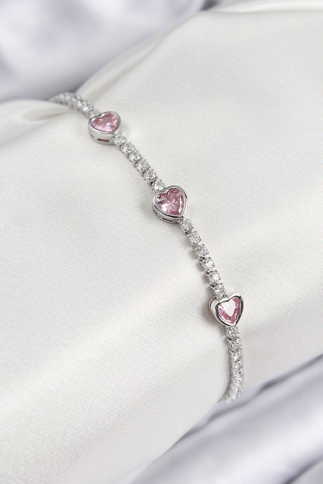 Ebijuteri Pirinç Zirkon Taşlı Pembe Kalp Model Gümüş Renk Kadın Bileklik Toptan Giyim 0