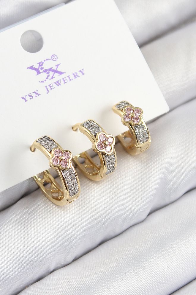 Ebijuteri Pirinç Zirkon Taşlı 3'lü Halka Yonca Model Gold Ve Gümüş Renk Kadın Küpe Toptan Giyim 0