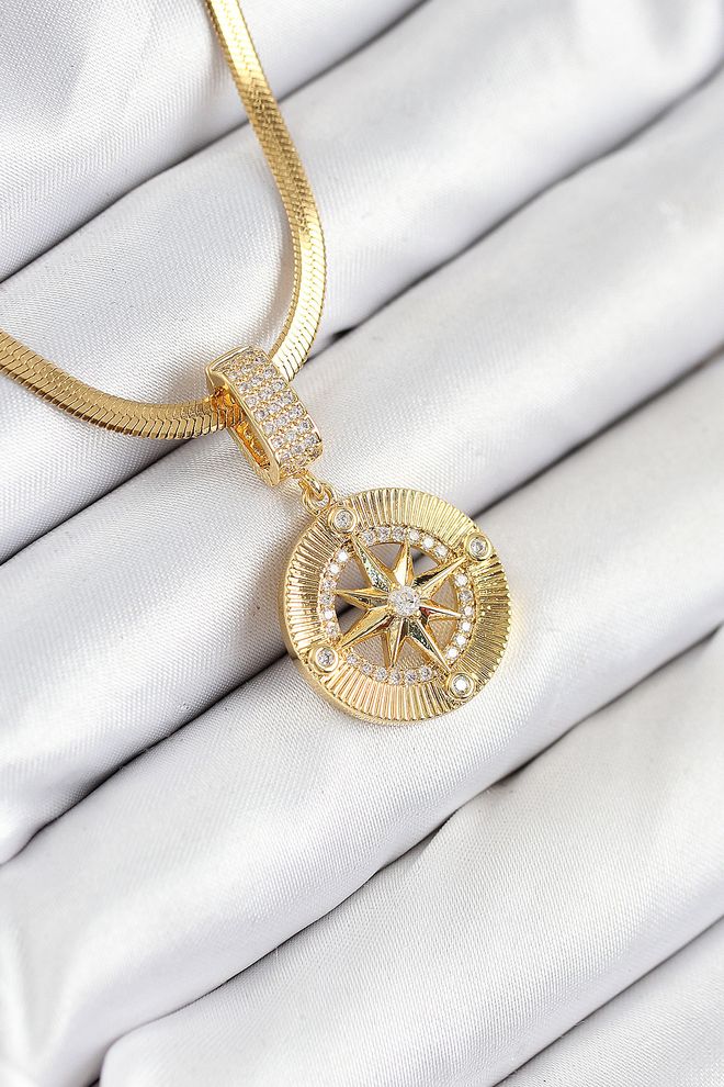 Ebijuteri Colar Feminino De Aço 316l Zircão Modelo Bússola Cor Dourada Roupas por atacado 0