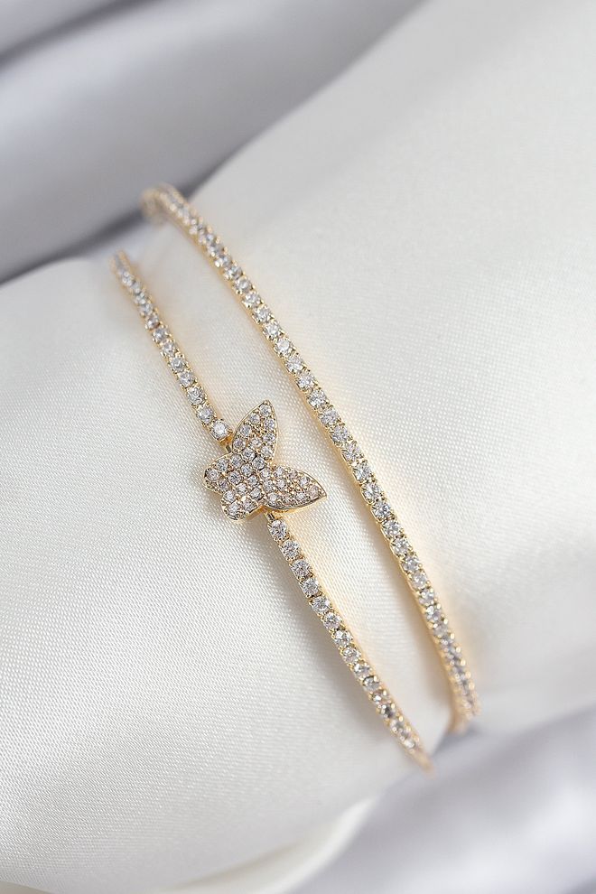 Ebijuteri Pirinç Zirkon Taşlı Kelebek Model Gold Renk Kadın Bileklik Toptan Giyim 0